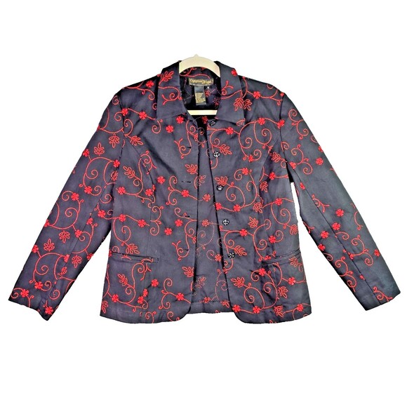 Christine Phillipe Womens Blazer 8 Black Red Floral Embroidered Cotton Pockets - Picture 1 of 15